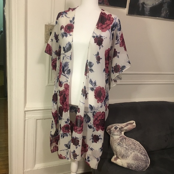 Cejon Tops - Cejon red pink floral on cream kimono one size